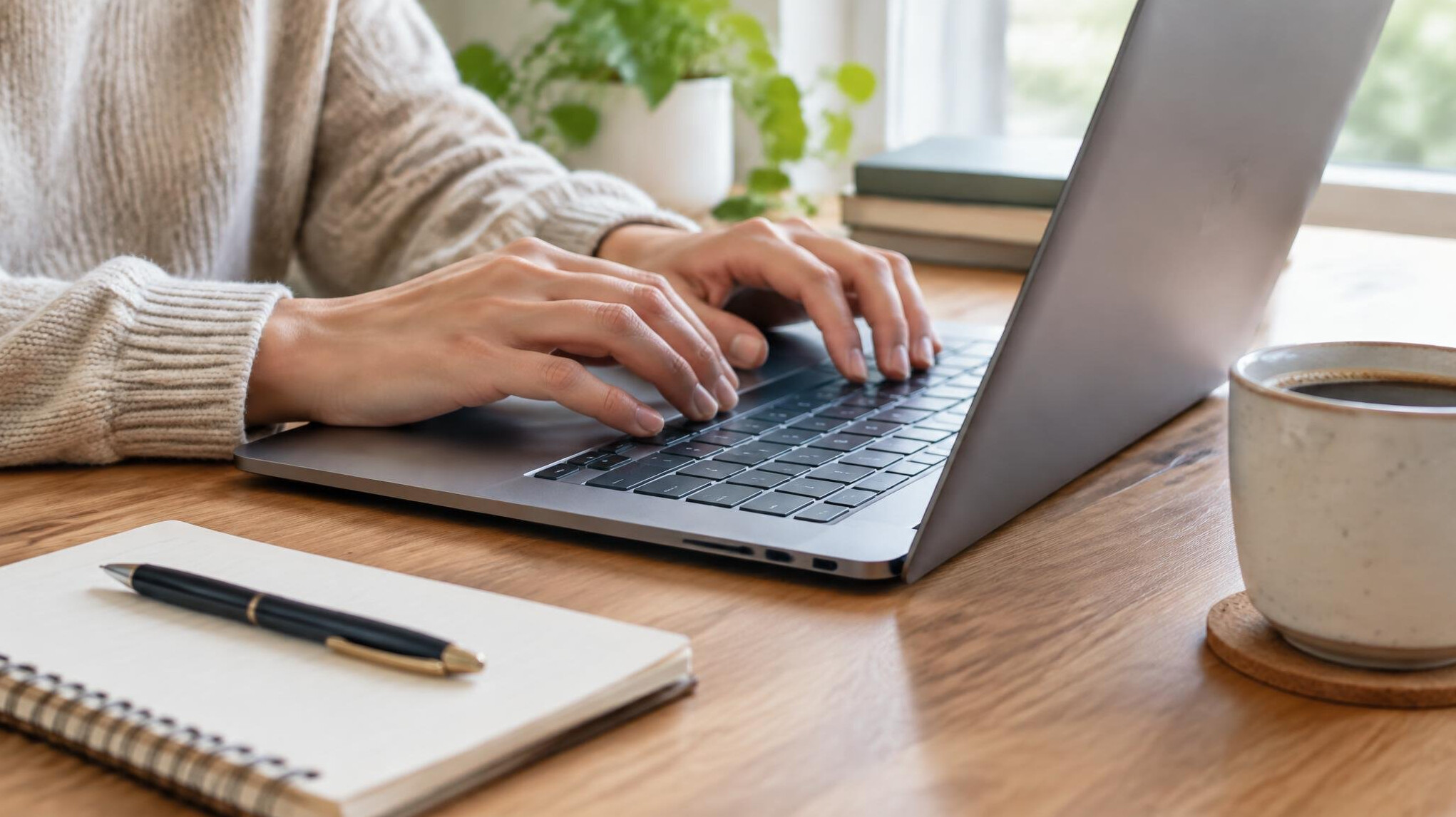 Hands typing on a laptop at a desk
