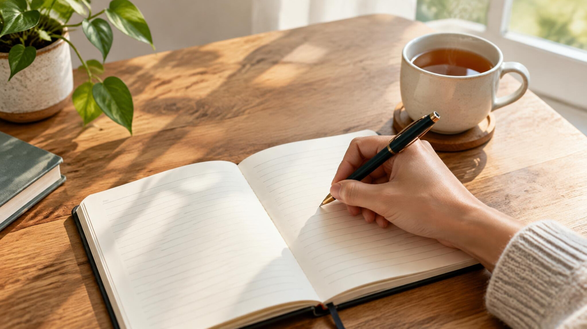 Person writing in a notebook with a pen