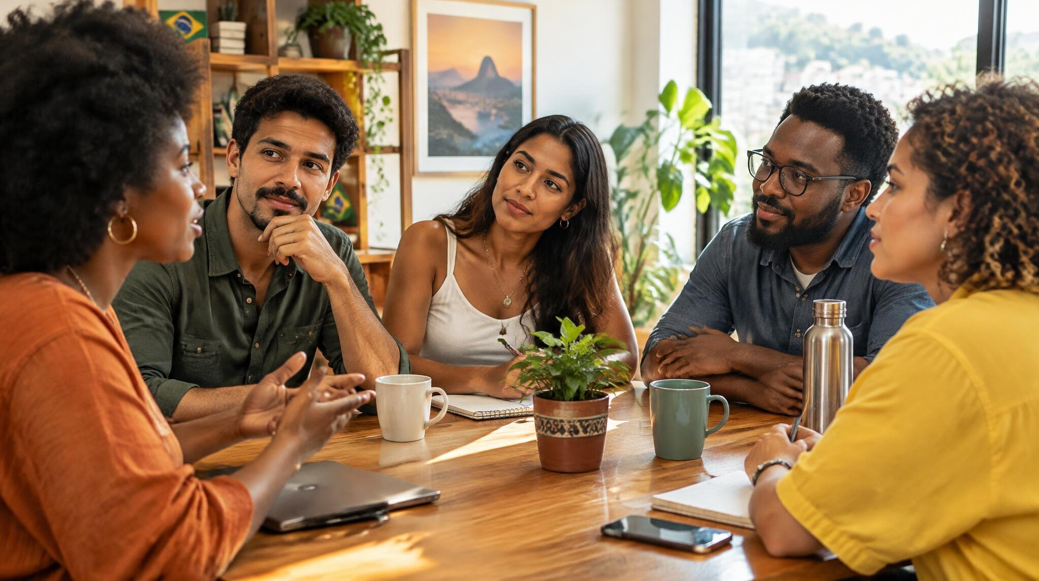 Group of people talking around a table in a bright room